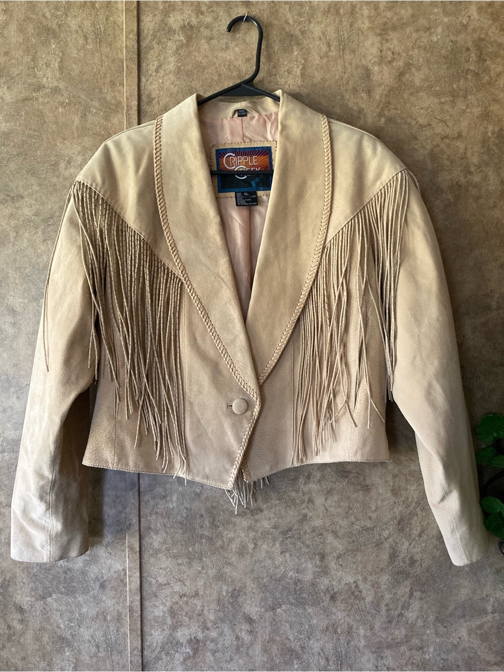 Vtg Cripple Creek Women’s XL Beige Leather Fringe Western Cropped Jacket Boho